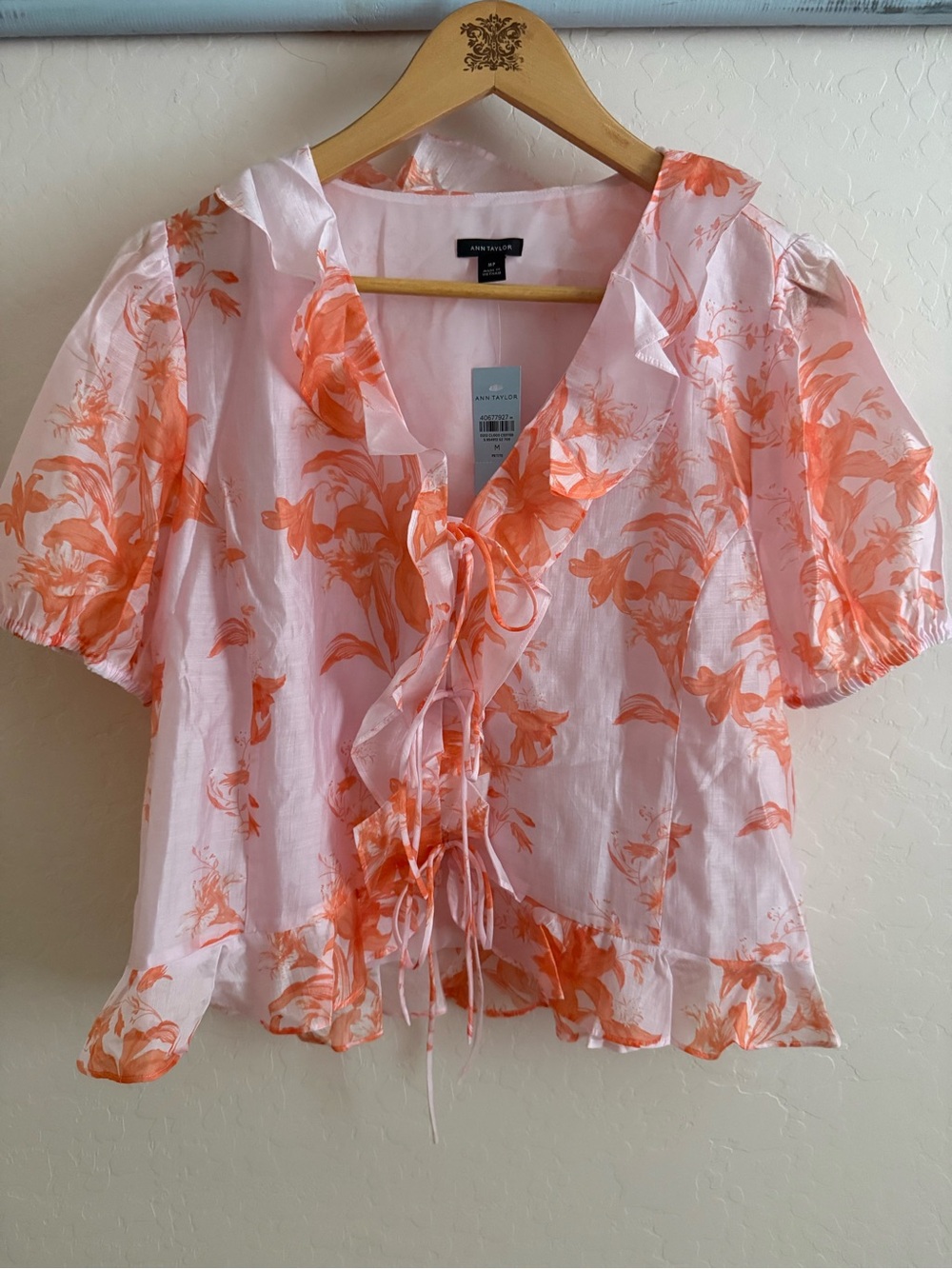 NWT Ann Taylor Pink Blouse with Orange Floral Ruffle Tie